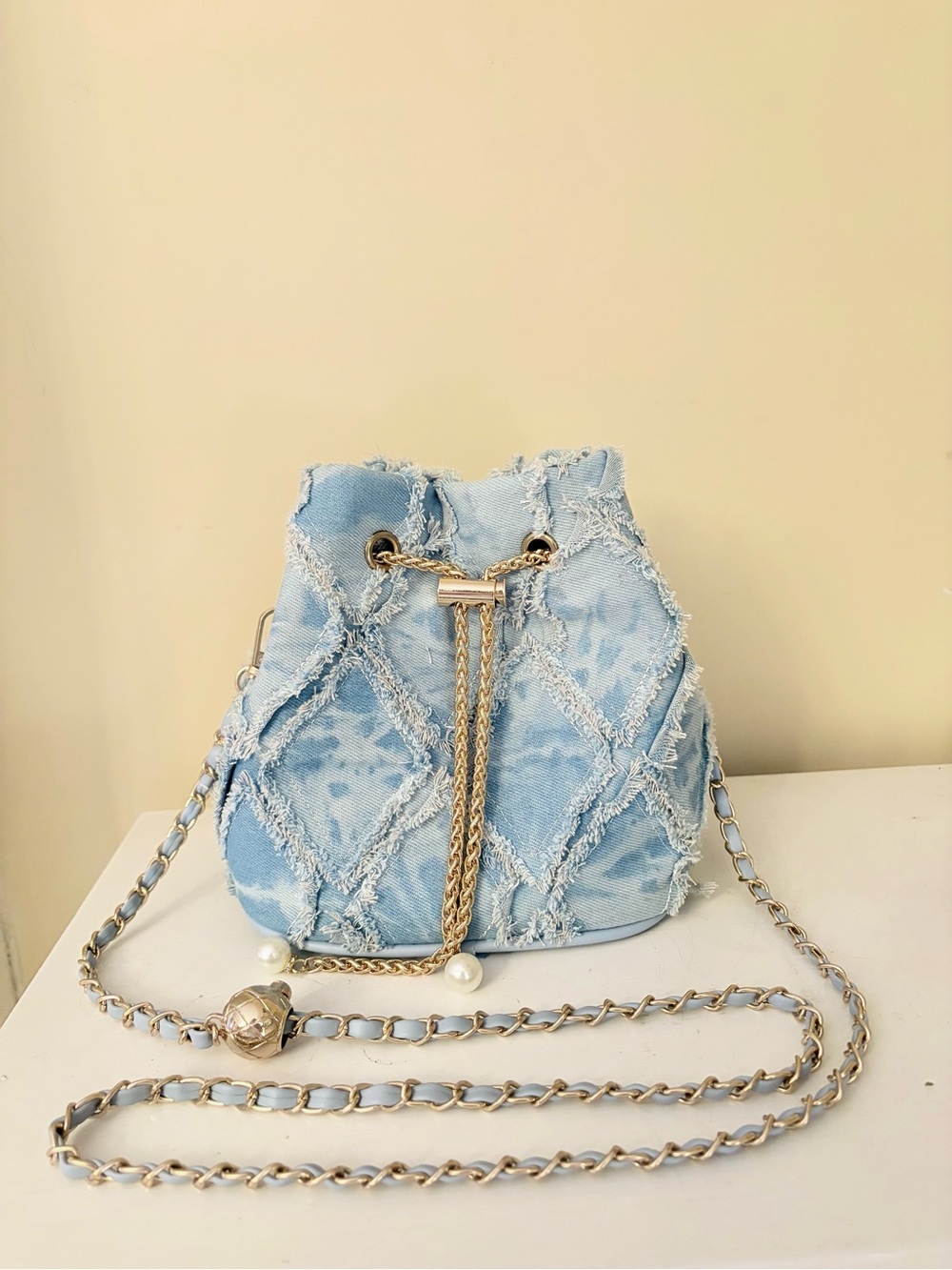 NWOT Light Blue Denim Bucket Bag with Gold Chain and Pearl Detail